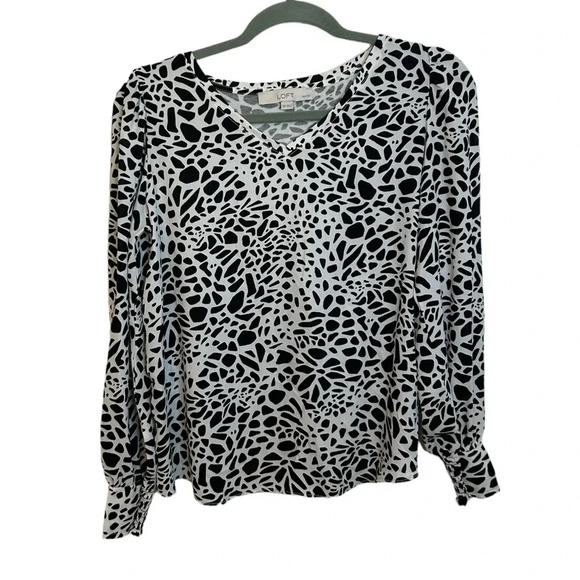 Loft Black & White Patterned V-Neck Blouse - Picture 1 of 5